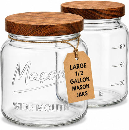kitchentoolz Extra Large Mason Jar - 1 Gallon Glass Wide Mouth Jar with Airtight Wooden Lid, Food Storage Container with Measurement Markings For Kitchen Pantry, Pickling, Cookies, Flour & Sugar