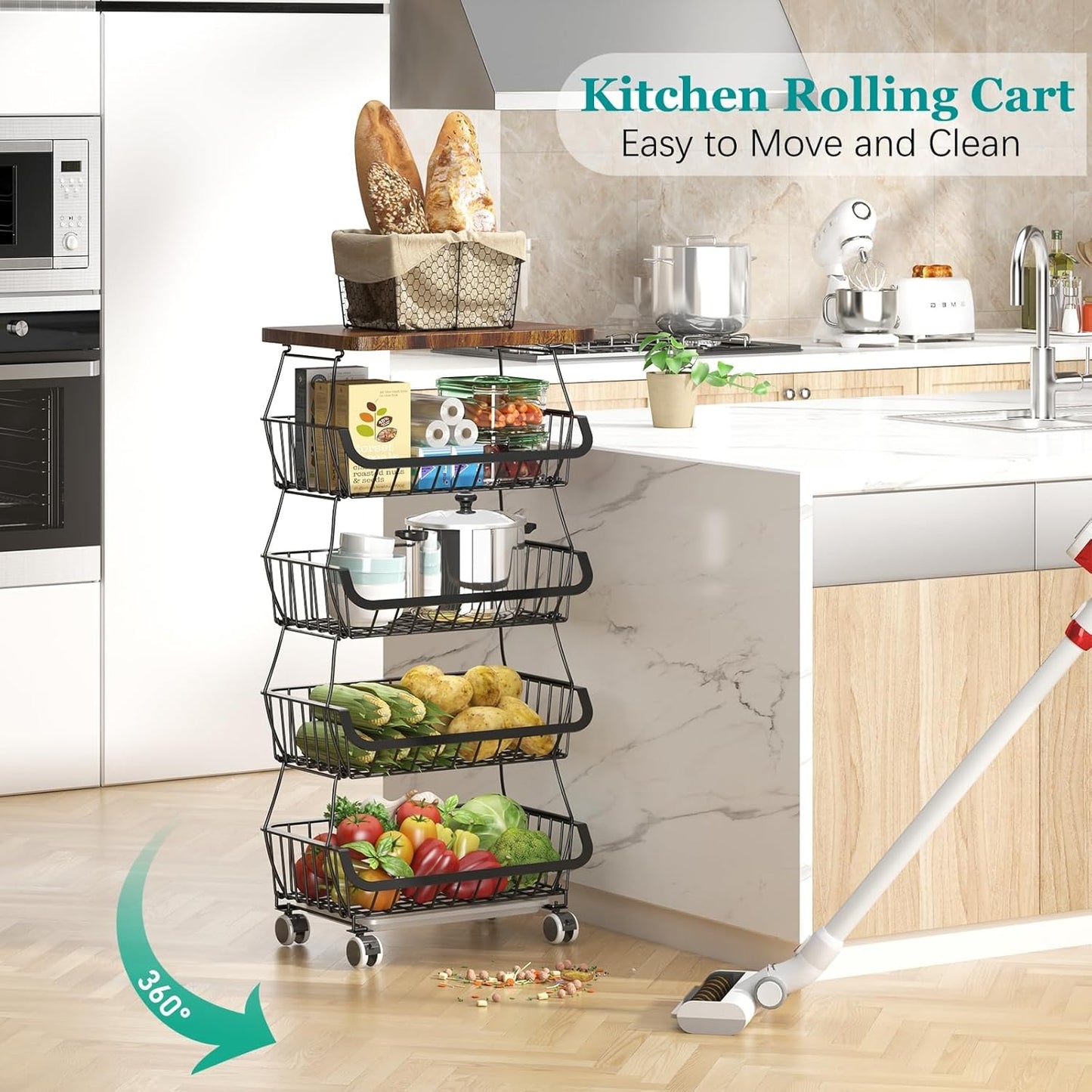 CHLORYARD Fruit Basket with Wooden Lid for Kitchen, 4-Tier Stackable Wire Fruit Vegetable Storage Basket Organizer Stand on Wheel, Produce Basket Potato Onion Storage Bins Rack Cart for Pantry