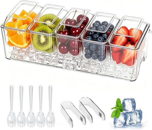 Ice Chilled Condiment Caddy, Clear Condiment Tray with 5 Containers & Lids & Accessories, Ice Garnish Serving Platter for Taco Party & Mimosa Bar, Lemonade Stand, Buffet Hosting (5PC/Set)