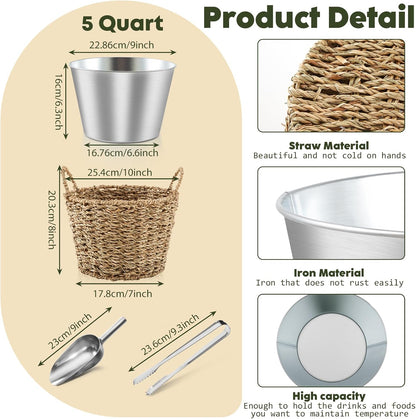 5 Quart Ice Bucket with Wicker Outer Basket, Scoop, Tong and Handle, Beverage Tub Grass Rope Woven Farmhouse Galvanized Bucket for Party Seaside Bar Buffet Wine Beer Bottle