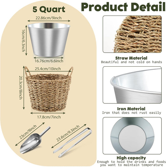 5 Quart Ice Bucket with Wicker Outer Basket, Scoop, Tong and Handle, Beverage Tub Grass Rope Woven Farmhouse Galvanized Bucket for Party Seaside Bar Buffet Wine Beer Bottle