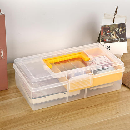 JUXYES Clear Art Craft Supply Storage Bin Sewing Box With Handle Lid | Clear Stackable Latching Craft Storage Bin for School Office, Organizing Stationery, Sewing, Art Craft, DIY Supplies