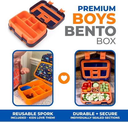 Kinsho Bento Lunch Box for Kids Toddlers, 5 Portion Control Sections, BPA Free Removable Plastic Tray, Pre-School Kid Toddler Daycare Lunches, Snack Container Ages 3 to 7 (Blue Space Rockets)