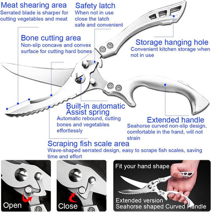 ANDONG Upgrade Heavy Duty Stainless Steel Kitchen Scissors - Professional Poultry Shears for Bone, Meat, Chicken, Fish, Turkey, Vegetables,Spring Loaded Multipurpose Ultra Sharp Utility Scissors