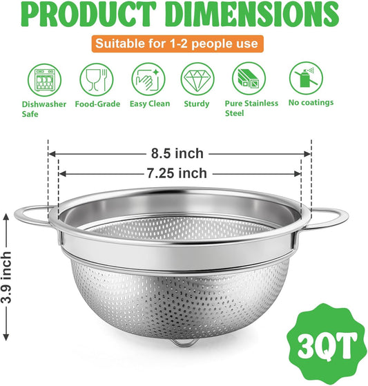 P&P CHEF Colander Strainer Stainless Steel 3 Quart, Metal Micro-Perforated Colander for Kitchen Food, Ideal for Rinsing Washing Draining, Dishwasher Safe, Shiny Silver, 2PCS