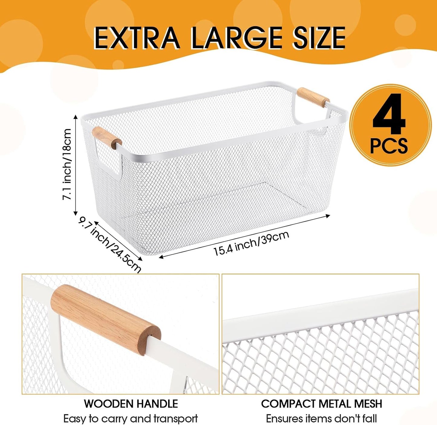 Ziliny 4 Pcs Metal Mesh Wire Baskets with Wooden Handles for Organizing, Pantry Organizers and Storage Steel Bin Kitchen Baskets for Fruit Potato Onion Snacks Bathroom Cabinet(Medium,Cream White)