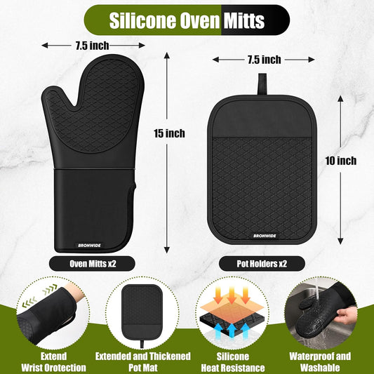 Silicone Oven Mitts and Pot Holders with Kitchen Towels and Dishcloths Sets, Baking Gloves Hot Pads 500°F Heat Resistant with Non-Slip Grip Surface, Mitts Set Includes 4 Kitchen Towels/4 Dish Towels