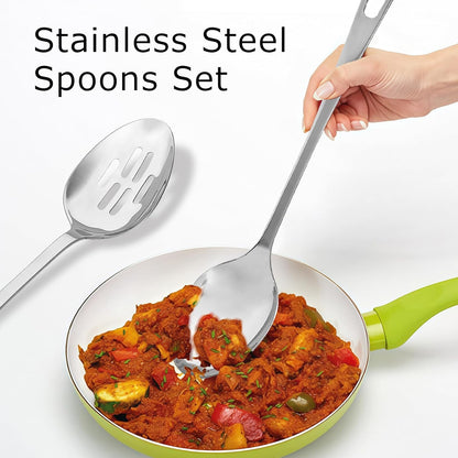 Abodpove Stainless Steel Cooking Spoons Set - Serving Spoons For Cooking, Large Cooking Serving Spoon & Slotted Spoon, Easy to Clean Kitchen Spoons Set, Dishwasher Safe