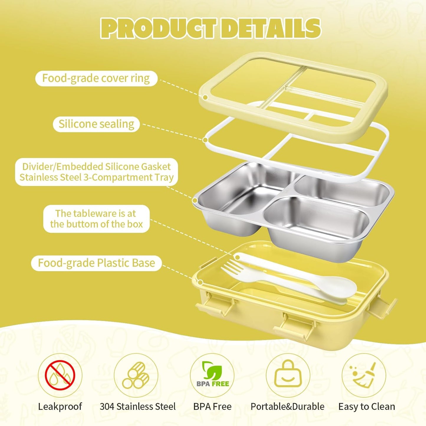 Kids Stainless Steel Bento Box, 3 Compartments Leakproof Lunch Box, Portable Food Storage Containers with Silicone Lids BPA-Free for Office, Picnics, Travel, Blue