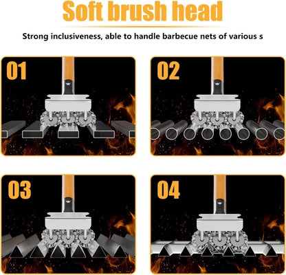 HOUSE AGAIN Grill Brush Bristle Free, 304 Stainless Steel Food-Grade Brush Head with Scraper, Safe BBQ Outdoor Grill Cleaning Brush Strong Barbecue Brush Cleaner Non Wire for Grill Grate/Wooden Handle