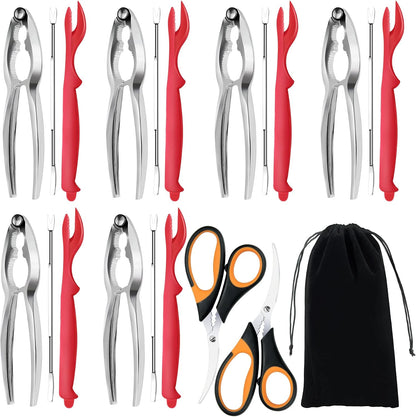 Seafood Cracker Tools, 21 Pcs Crab Leg Crackers and Tools, 6 Crab Crackers, 6 Crab Leg Forks/Picks, 6 Lobster Shellers, 2 Seafood Scissors & 1 Storage Bag, mobzio Portable Seafood Boil Party Supplies