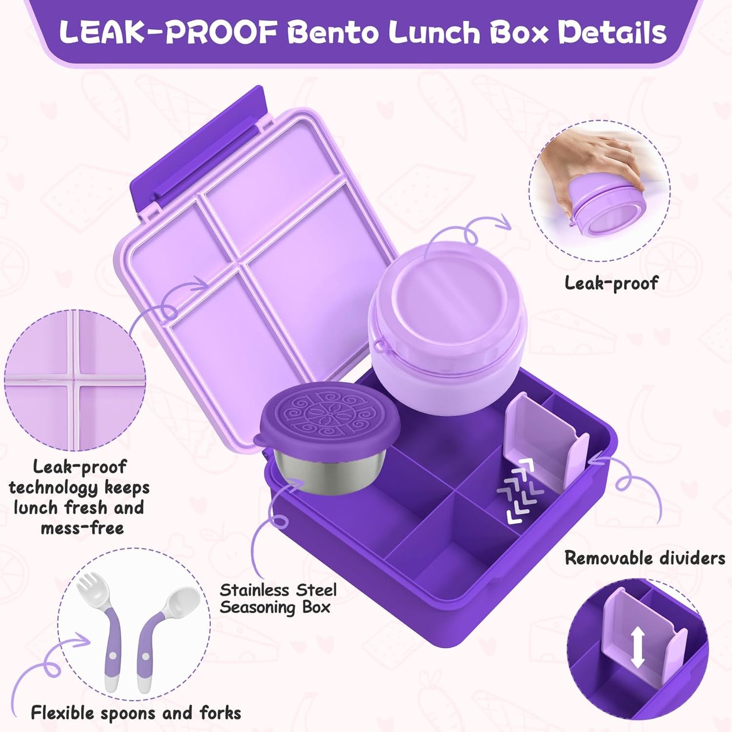 Aimsnk Kids Bento Lunch Box with 8oz Soup Thermo, Kids Leakproof Lunch Food Containers with 4 Compartment,Insulated Hot Food Jar with Lunch Bag for School, Travel (Pink)