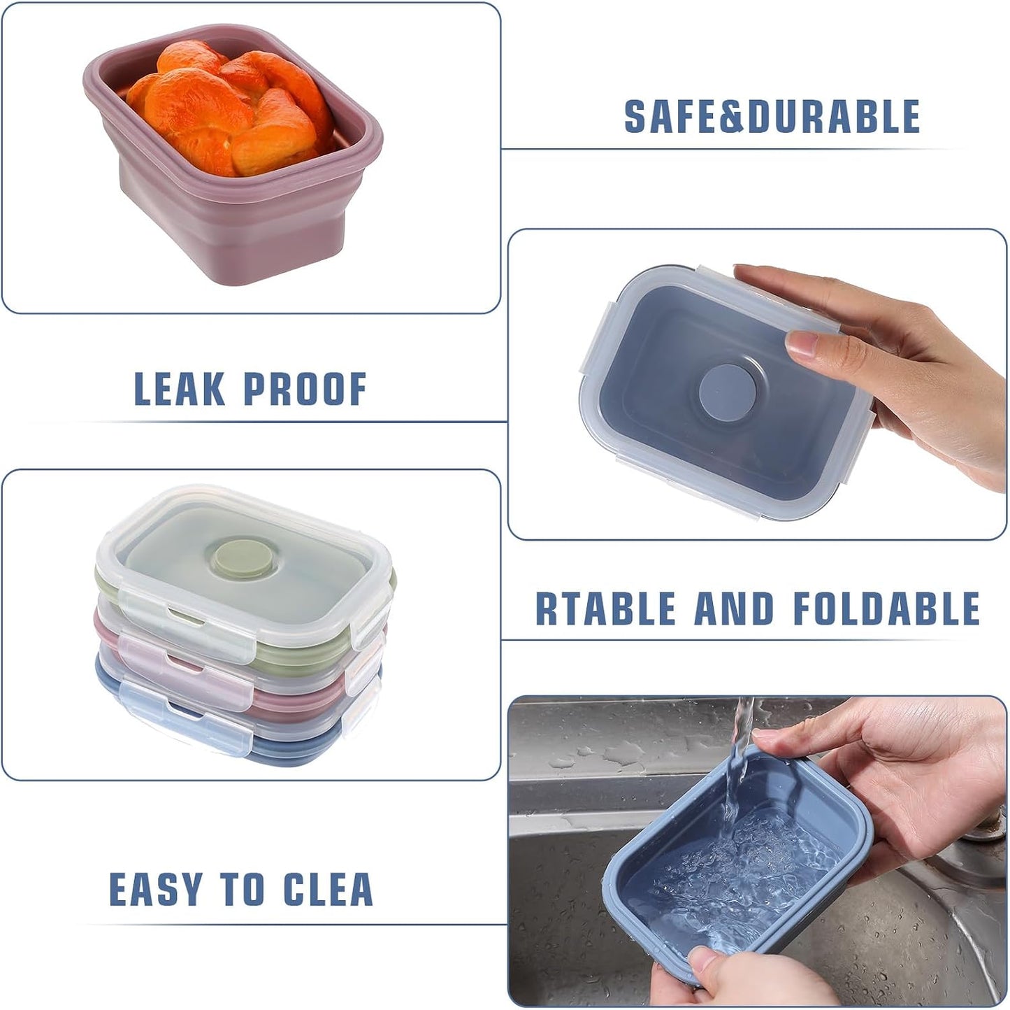 6 Pcs Silicone Food Containers 11.8 oz Collapsible Storage Containers with Airtight Lids Stacking Meal Prep Lunch Leftover Food fruits Storage Foldable Box for Freezer Microwave Dishwasher Safe
