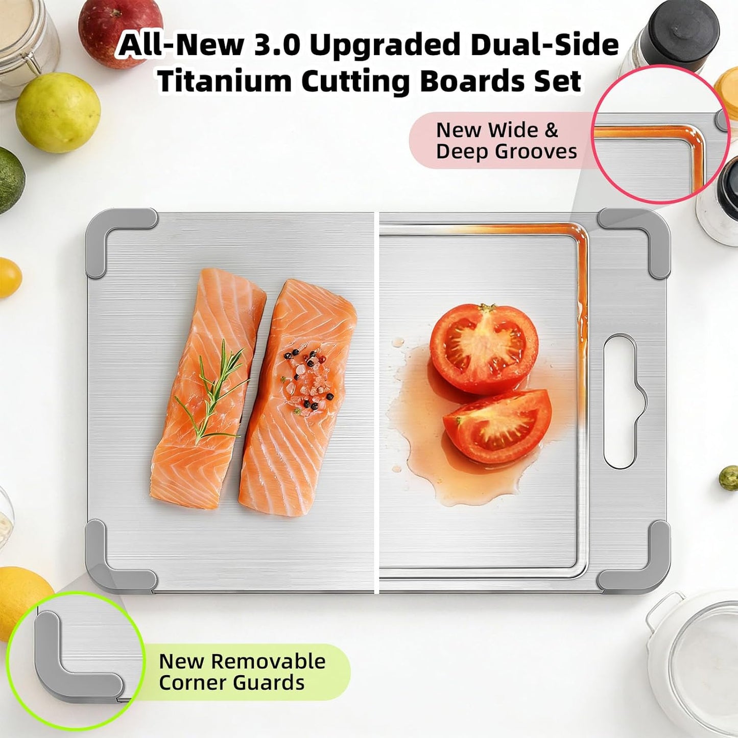 3PCS Titanium Cutting Boards for Kitchen- Food Grade Double Sided Chopping Board with Juice Groove, Removable Anti-Slip Corners, Dishwasher Safe for Meat/Fruits/Vegetables, Grey