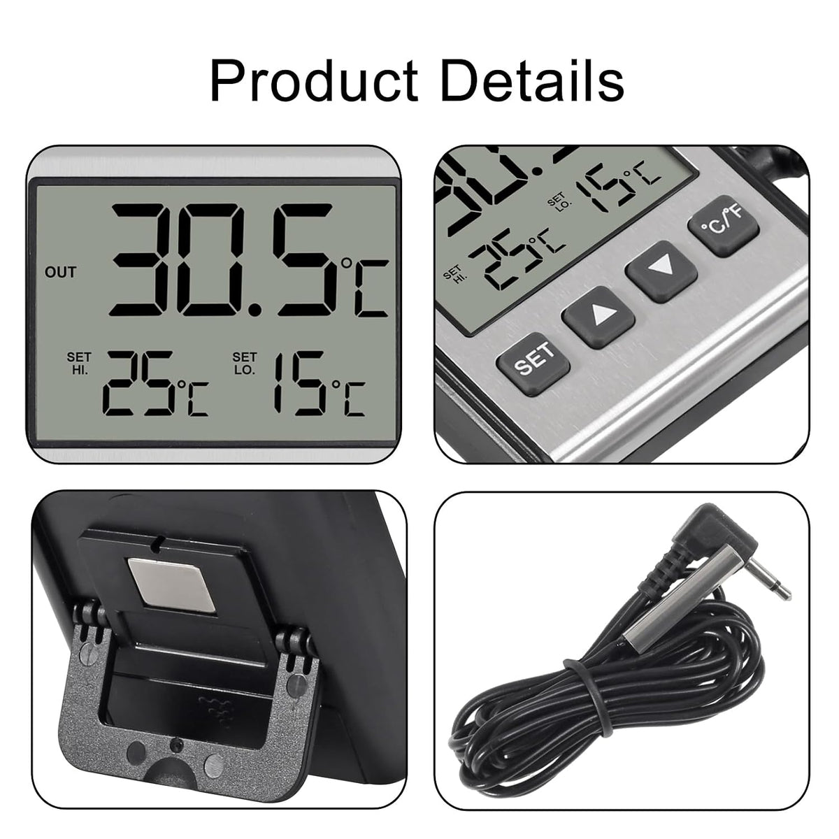 ACEIRMC 2pcs Fridge Refrigerator Thermometer Freezer Thermometer high and Low Temperature Alarm Extra Sensor Big LCD Stainless Panel