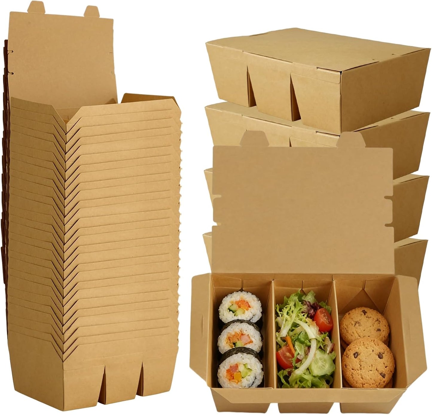 30 Pack 3 Compartment Take Out Food Containers, 7.5x5.4x2.6" Bamboo Pulp Paper Take Out Boxes, Disposable To Go Container Take Out Containers, Greaseproof Paper Bento Box Takeout Lunch Boxes with Lid