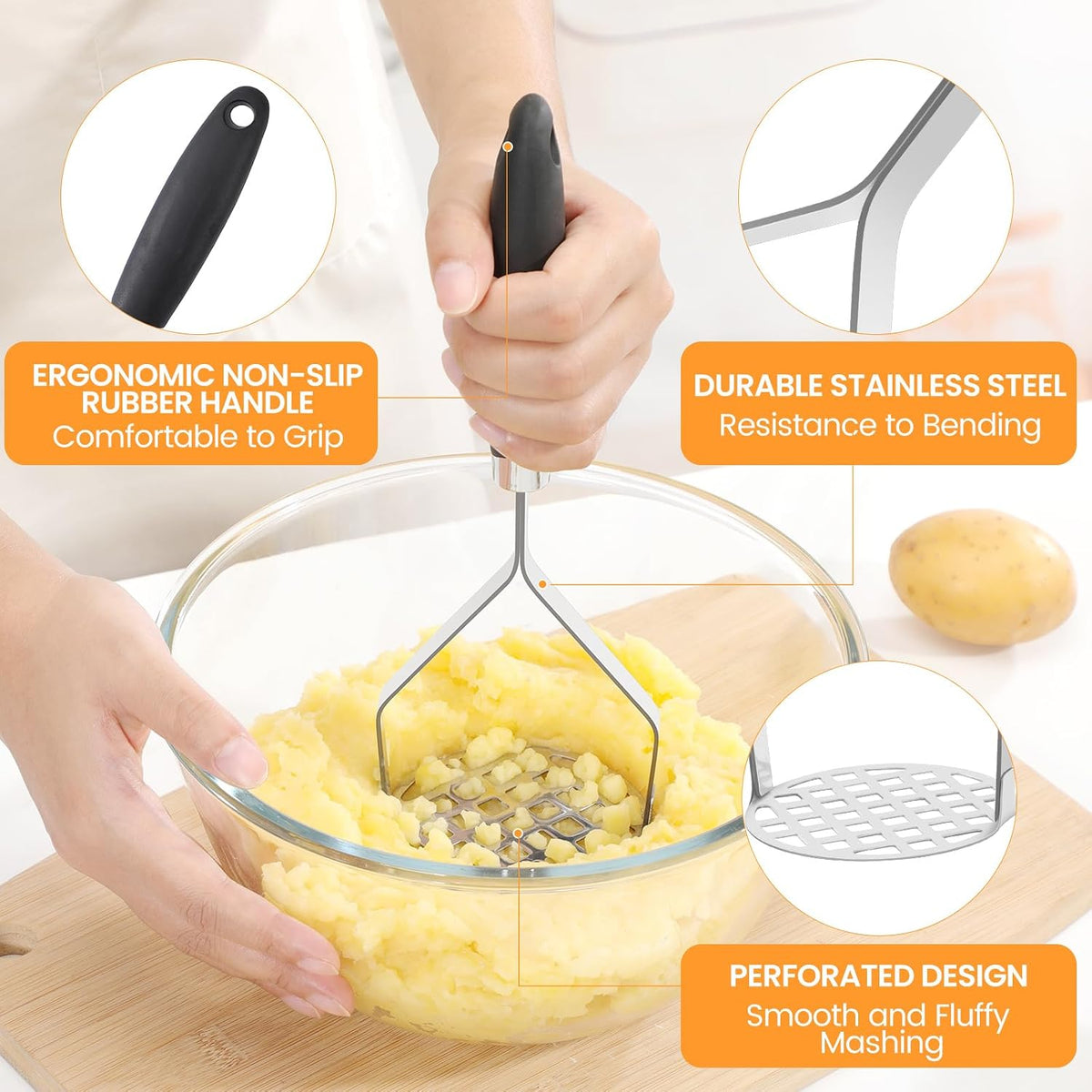 2Pcs Potato Masher Set with Silicone Handle, Premium Stainless Steel Potato Masher, Integrated & Wire Masher for Potatoes, Avocado, Vegetables and Baby Food