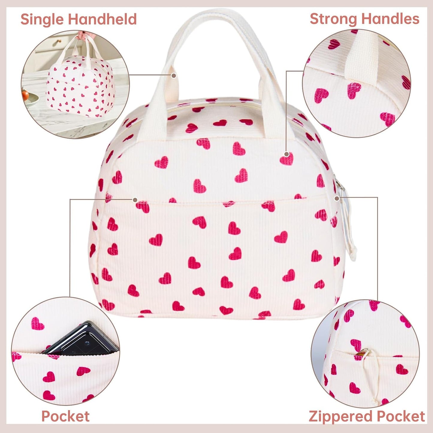Lunch Bag for Women Men Girl,Large Cute Corduroy Lunch Tote Bags - Reusable Insulated Lunch Box for women with Handle, Leakproof WaterProof Design for Office, School, Work,Picnic.