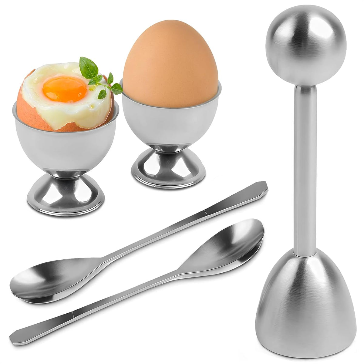 Soft Boiled Egg Holder Cups with Spoons, 2 Pcs Each, Stainless Steel