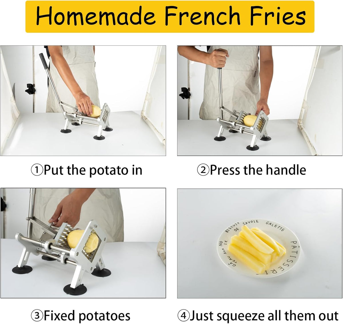 French Fry Cutter, Stainless Steel Potato Cutter with 1/2-Inch and 3/8-Inch Blades, 4 Suction Feet, Removable Handle for Potatoes, Carrots and Cucumbers