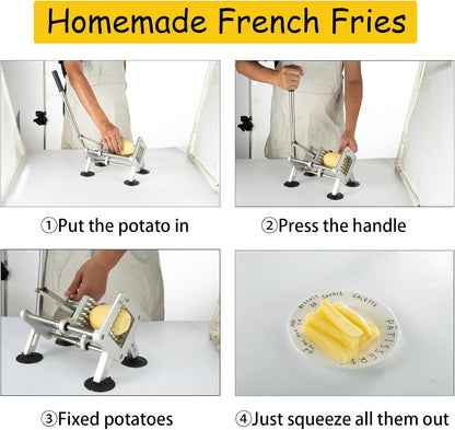 French Fry Cutter, Stainless Steel Potato Cutter with 1/2-Inch and 3/8-Inch Blades, 4 Suction Feet, Removable Handle for Potatoes, Carrots and Cucumbers
