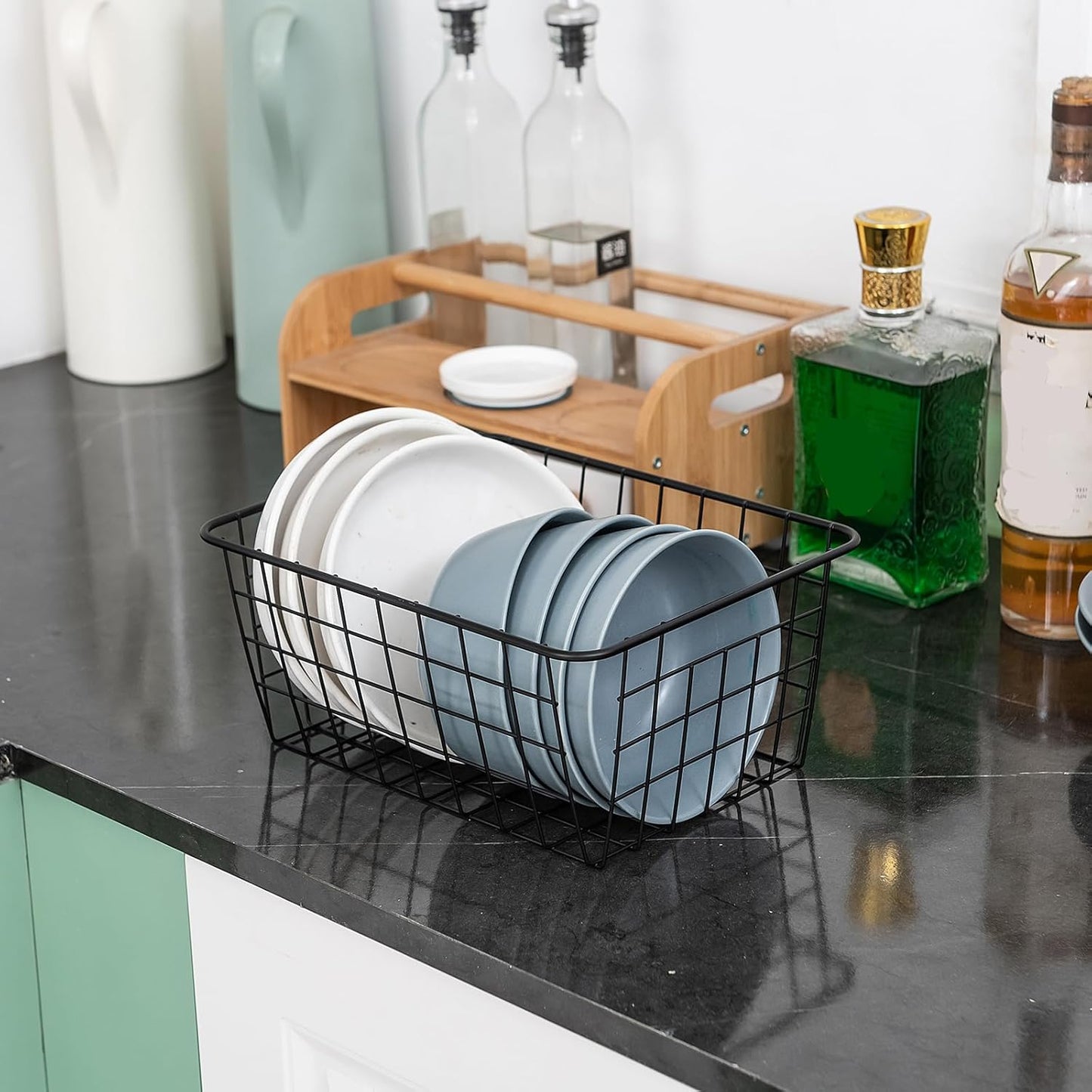JUNCHU CHERRY Wire Kitchen Storage Basket 3 Packs,Perfect Pantry Organization Accessories Baskets,Laundry Basket,Countertop Organization,Suitable for Kitchen,Bathroom,Bedroom,Tabletop,Stackable,Black