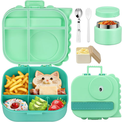 Lunch Box Kids with 5 Compartments, Insulated Food Jar & Utensils, Leak Proof Bento Box with Sauce Container, BPA-Free & Dishwasher Safe, Dinosaur Design(Purple)