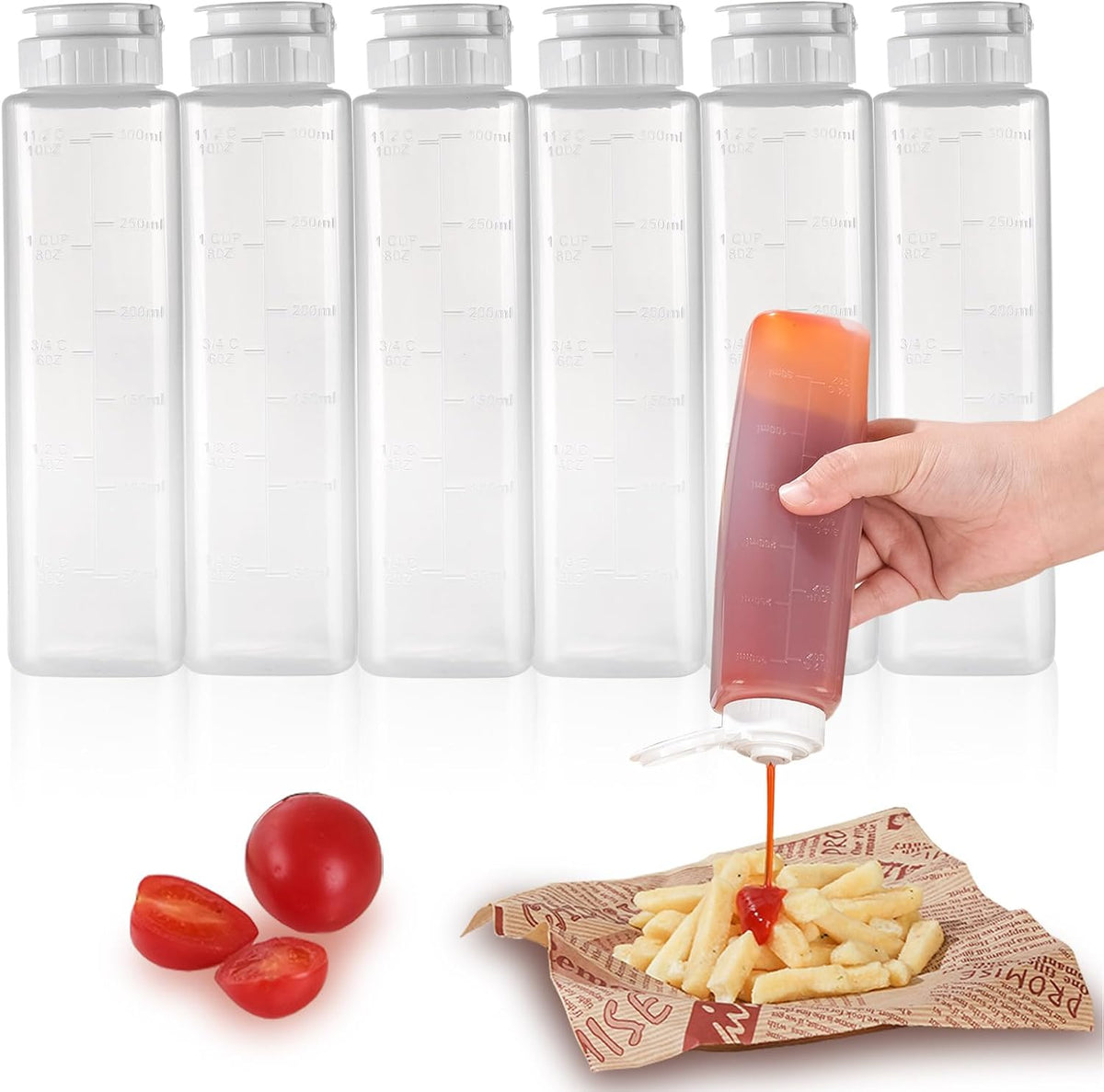 6 pack Inverted Squeeze Bottles for Hot Sauces Liquids Salad Dressing Honey Dispenser No Drip with Flip Top Silicone Valve