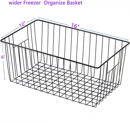 16" L x 12" W Wider Freezer Storage Organizer Baskets Container, Deep Metal Wire Chest Upright Refrigerator Divider Bins with Built-in Handles for Cabinet, Pantry, Closet, Kitchen