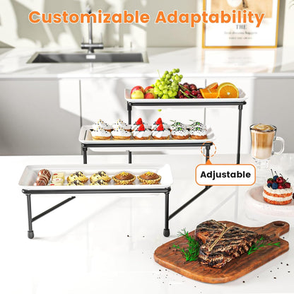 3 Tier Servings Tray for Party, 12"x6" Tiered Serving Platters with Steel Display Stand for Sevring Food,Cookies,Veggie, Dessert,Fruit, Black