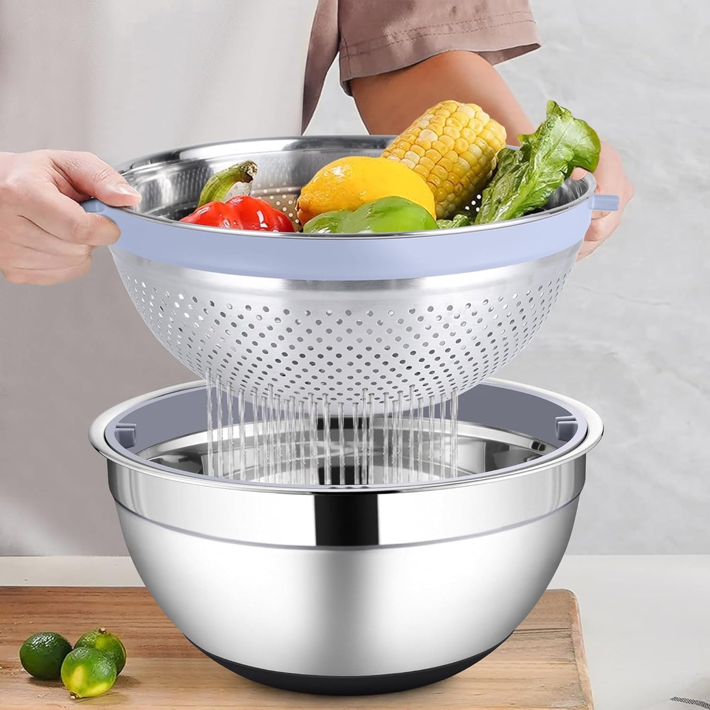 HaWare Mixing Bowl with Colander, 4-1 Stainless Steel Bowl Set with Lids & 3 Pcs Nesting Graters, Rotatable Food Strainer for Rinsing Fruits Vegetables, Non-Slip Bottom, Black
