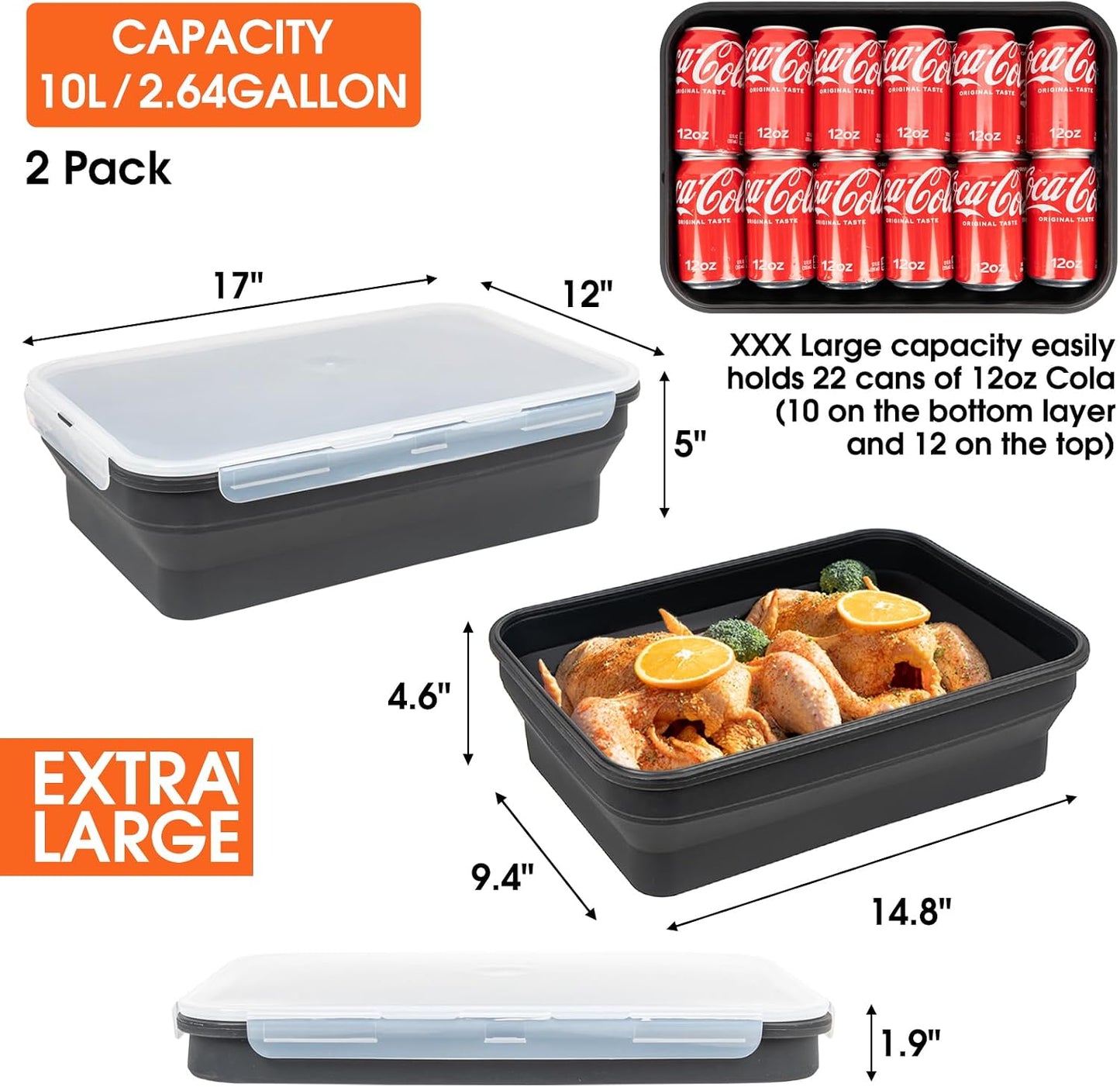 Silicone Collapsible Marinating Container with Lid for Meat, 2.64Gal/10L, Extra Large Collapsible BBQ Prep Tub, Transparent Locking Lid, XL Grill Prep Trays and Carry System, BBQ Must-Have, Black