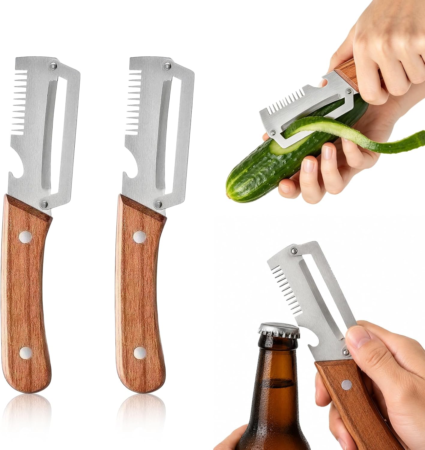 Vegetable Peeler with Wooden Handle and Bottle Opener,2026 Upgrade Multifunctional Stainless Steel Peeler,Vegetable Peeler for Kitchen,Suitable for Vegetables or Fruits that Need to Be Peeled(2PCS)