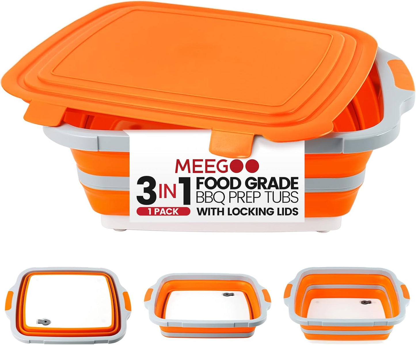 BBQ Prep Tub 3-IN-1 Large 16L Collapsible Cutting Board with Locking Lid for Meal Prep Marinating Food, Camping Sink with Colander, Dish Basin, Storage Blanket for Camping Picnic BBQ, Black