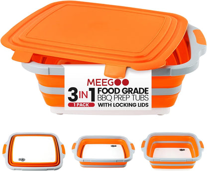 BBQ Prep Tub 3-IN-1 Large 16L Collapsible Cutting Board with Locking Lid for Meal Prep Marinating Food, Camping Sink with Colander, Dish Basin, Storage Blanket for Camping Picnic BBQ, Black