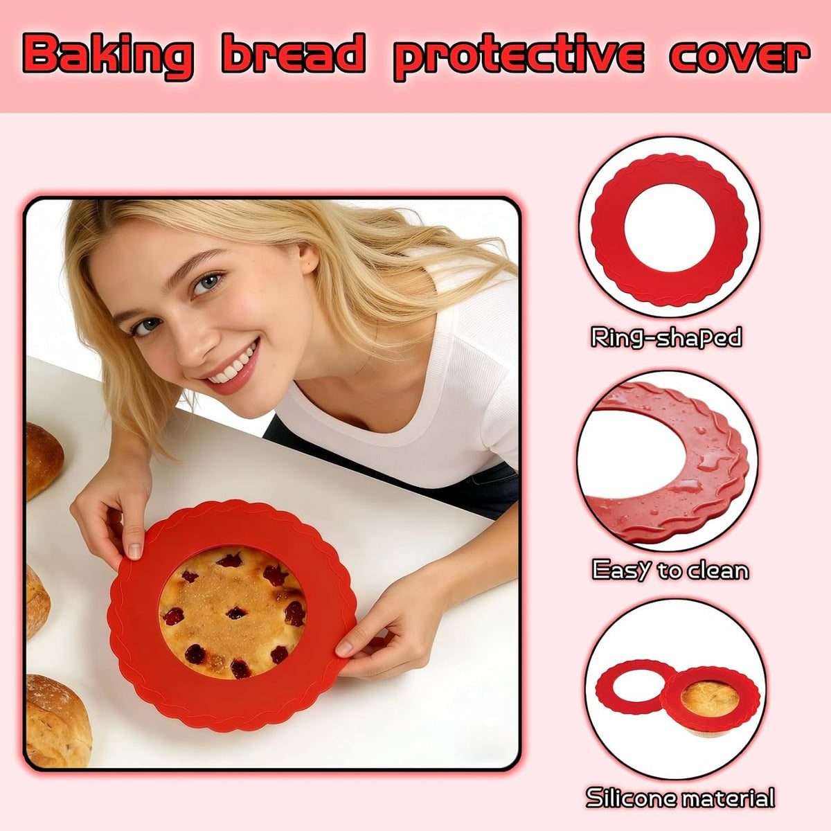 Silicone Mini Pie Crust Protectors Set of 2 - Non-Stick Pie Shields for 5-6 Inch Pies, Prevents Over-Browning | Oven-Safe Baking Accessories (Red)