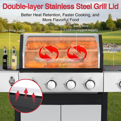 69,000 BTU 6+1 Burner Propane Gas Grill with Cast Iron Grids & Griddle Plate, Double-Wall Stainless Steel Lid – Even Heat, Easy Clean, Perfect for Backyard BBQ