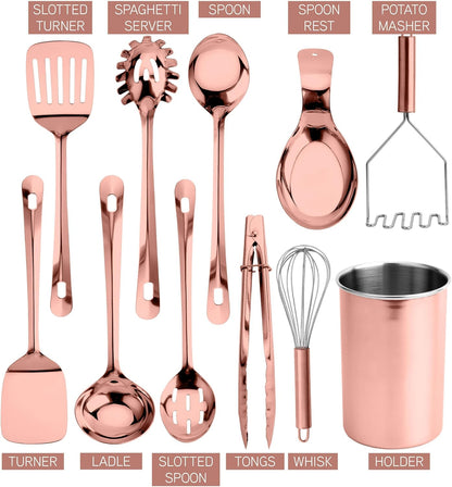 COOK WITH COLOR Kitchen Utensil Set - premium Nonstick & Heat Resistant Kitchen Gadgets, Turner, Spaghetti Server, Serving Spoons, Whisk, Tongs, Masher & Utensil Holder, 10-piece Stainless Steel