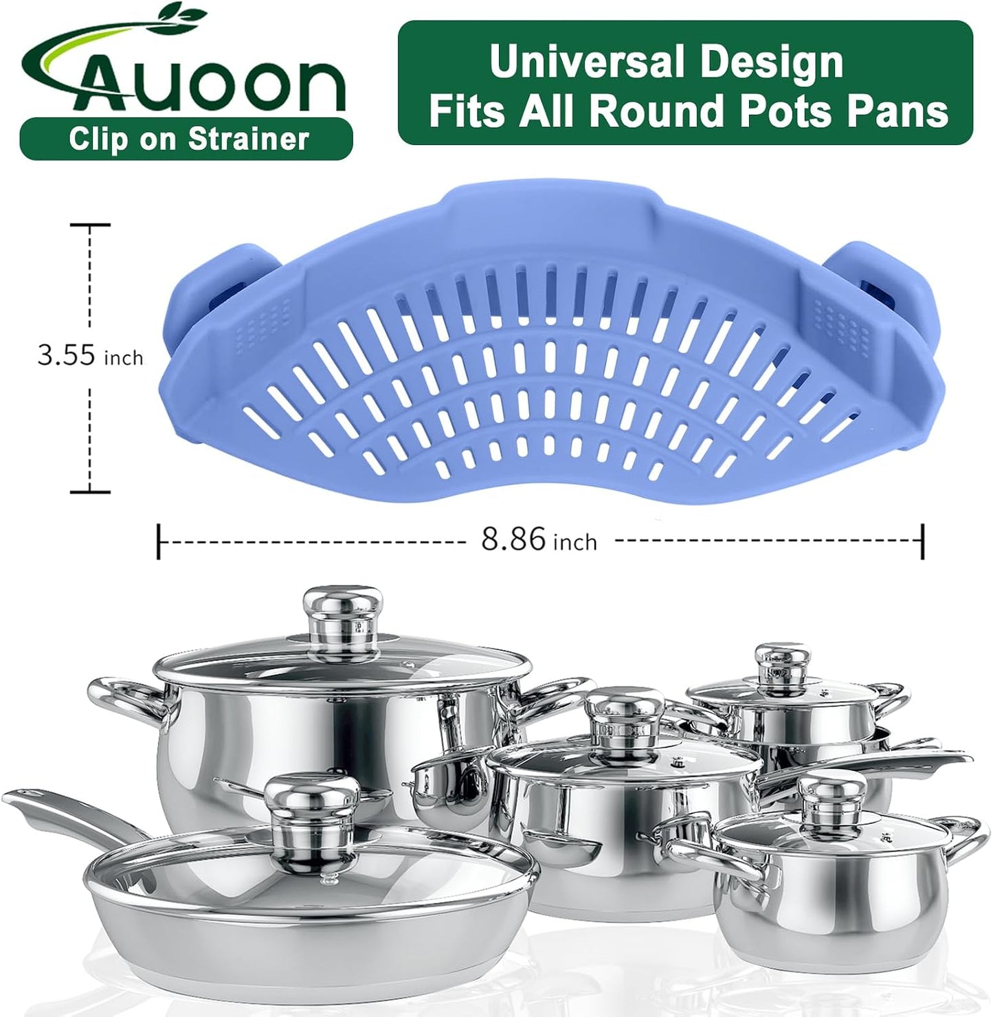 AUOON Clip On Strainer Silicone for All Pots and Pans, Pasta Strainer Clip on Food Strainer for Meat Vegetables Fruit Silicone Kitchen Colander