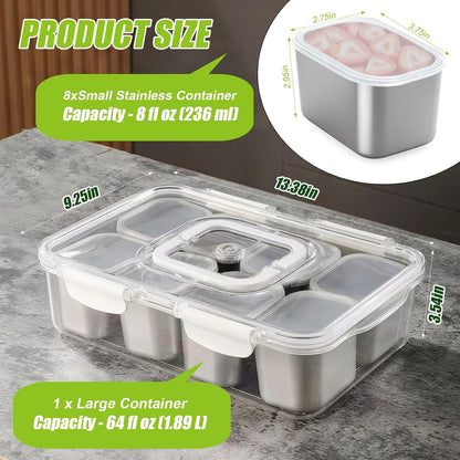 Snackle Box Container Stainless Steel - Reusable 8 Compartment Divided Serving Tray with Lid and Handle, Clear Portable Snack Containers Platters Storage Organizer for Snacks Fruit Candy Veggie Nuts