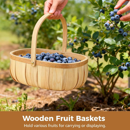 2 Pcs Handwoven Baskets, Sturdy Wooden Fruit Baskets with Comfortable Handles, Decorative & Storage Baskets, Rustic Bushel Baskets for Eggs, Vegetables, Picnic, Beige