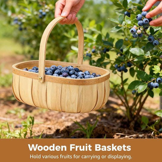 2 Pcs Handwoven Baskets, Sturdy Wooden Fruit Baskets with Comfortable Handles, Decorative & Storage Baskets, Rustic Bushel Baskets for Eggs, Vegetables, Picnic, Beige