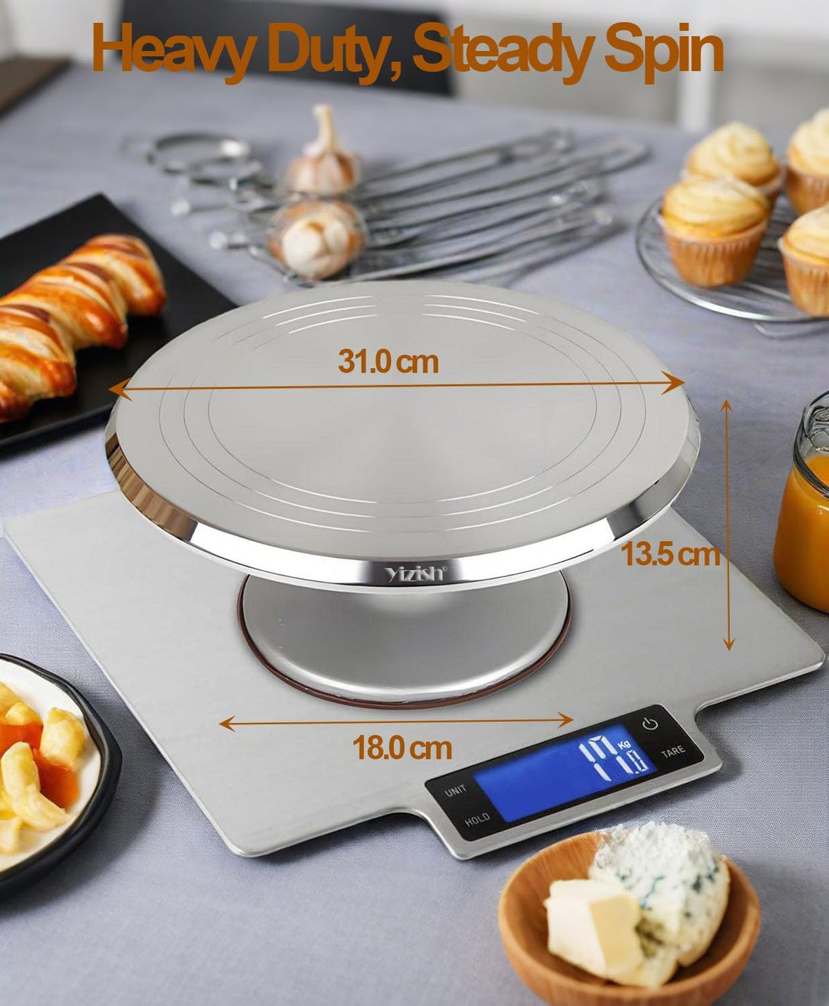 Yizish Cake Turntable Aluminum Alloy & Piping Bags and Tips Set, Rotating Cake Stand Decorating Kits with Stainless Steel Cake Spatulas and Scrapers for Baking, Pastries and Cupcakes, Gift Set