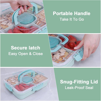 Large Snackle Box Container with Dip Container, 5 Compartments Snack Container with Lid and Handle, Veggie Fruit Divided Serving Tray for Party, Picnic, Dishwasher Safe, BPA-Free