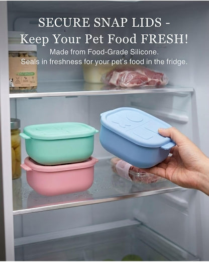 2ME Airtight Pet Wet Food Storage Containers with Lids (4-Pack, 12oz) - Silicone Meal Prep Kit for Dog & Cat Food - Freezer, Microwave & Dishwasher Safe - with Stainless Steel Scoop