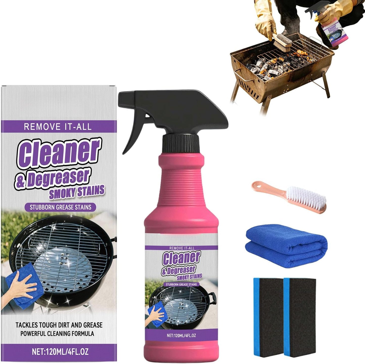 120ml Fast-Acting Heavy-Duty Grill Degreaser Spray,BBQ Grill Cleaner With Cleaning Brush,Quick Foaming,Smoky Stains, And Stubborn Grease (1pcs)