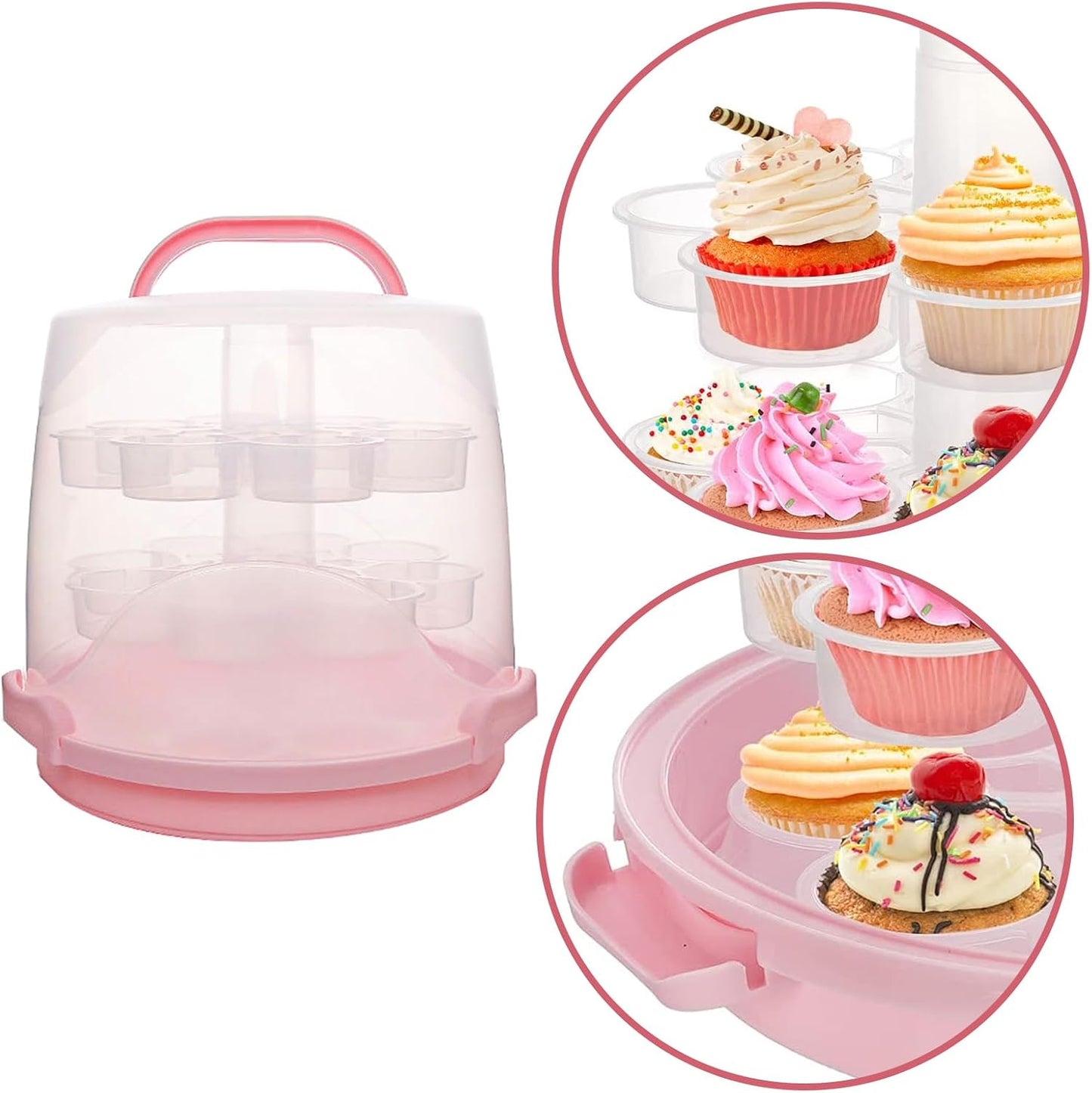 3-Tier Party Cupcake Carrier, Cupcake Holder with Lid and Handle for Transport Storage 24 Cupcakes (White)