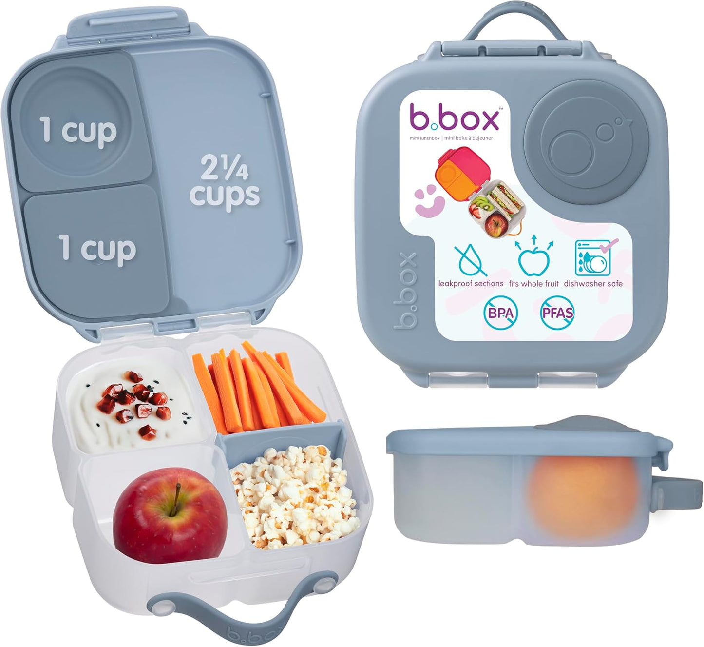 b.box Mini Lunch Box 2-Pack, Leak Proof Bento Box for Kids, 3 Compartment Snack Containers Ages 3+, Lunchbox for Daycare + School, Dishwasher Safe, BPA-Free, PFAS-Free, 4.25 Cup - Blue + Green
