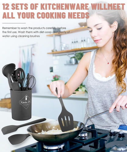 Kitchen Utensils Set-12 Pieces Silicone Cooking Utensils Set (Dishwasher Safe) 392°F Heat Resistant Spatula Set,Kitchen Utensil Set for Nonstick Cookware,Best Kitchen Tools with Holder