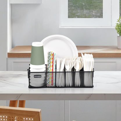 Silverware Organizer with Handle - Metal Utensil Caddy for Kitchen Counter, 7 Compartment for Plate, Cup, Napkin, Paper Plate Dispenser for Party, Picnic